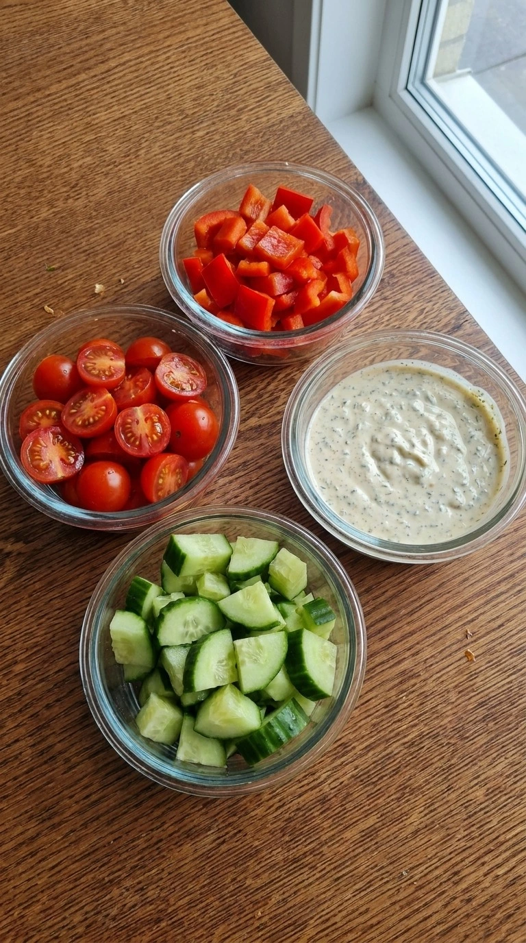 Christmas Pasta Salad vegetables and creamy dressing prepared before mixing Recipe focus: christmas salad.