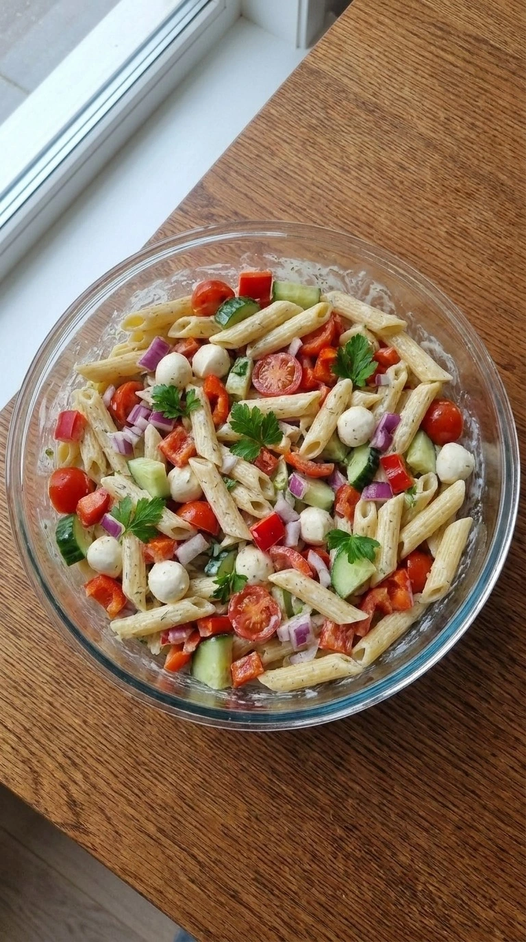 Christmas Pasta Salad mixed with penne vegetables mozzarella and dressing Recipe focus: green christmas salad.