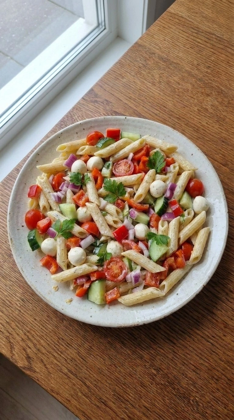 Christmas Pasta Salad plated portion with colorful penne and vegetables Recipe focus: christmas salad.