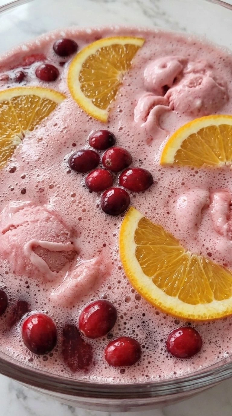Christmas Sherbet Punch with pink raspberry sherbet foam, orange slices and cranberries in a glass punch bowl Recipe focus: christmas punch with sherbet.