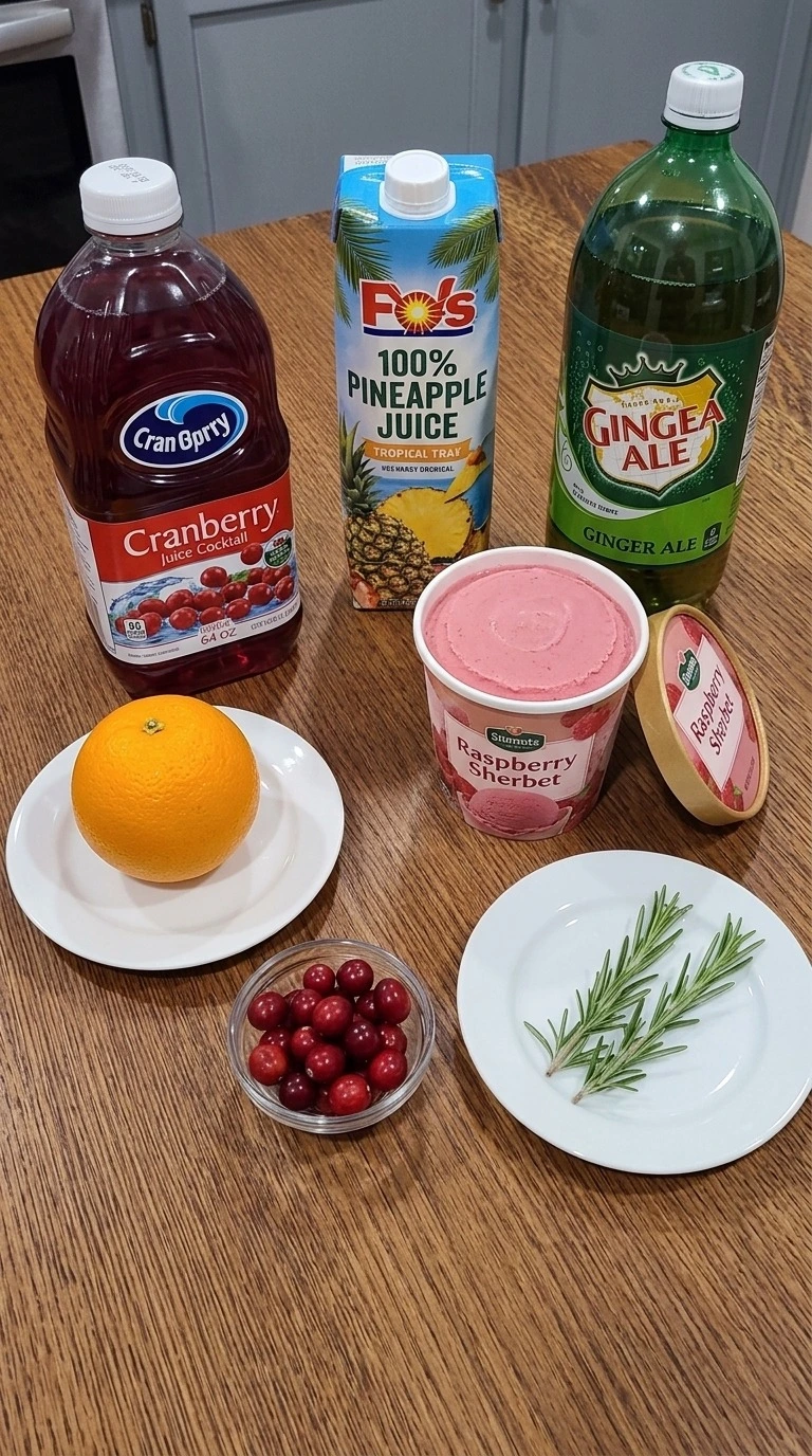 Christmas Sherbet Punch ingredients including raspberry sherbet, cranberry juice, pineapple juice, ginger ale and fruit Recipe focus: christmas punch alcoholic.