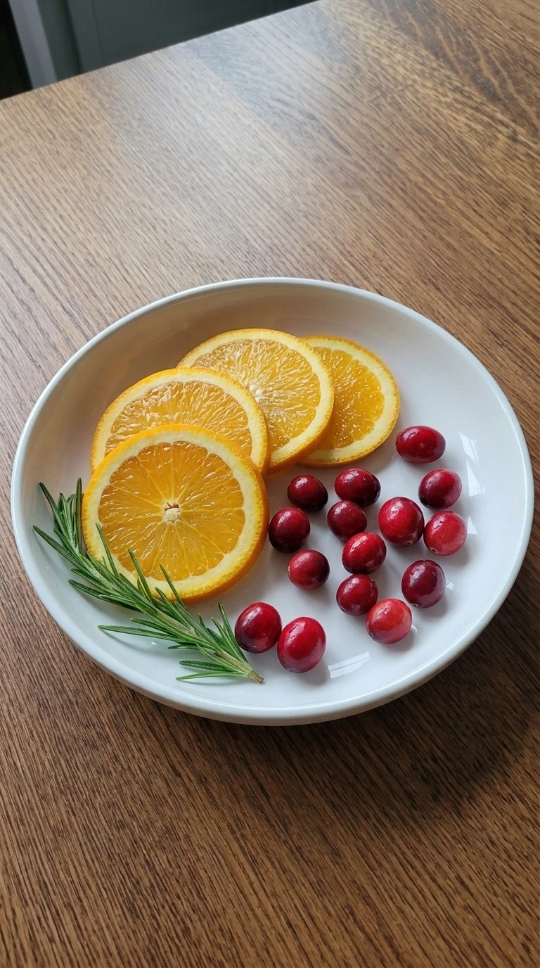 Christmas Sherbet Punch preparation with four fresh orange slices and whole cranberries for garnish Recipe focus: non alcoholic christmas punch.