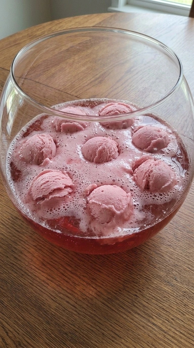 Christmas Sherbet Punch with eight pink raspberry sherbet scoops floating in fizzy red fruit punch Recipe focus: christmas punch non alcoholic.