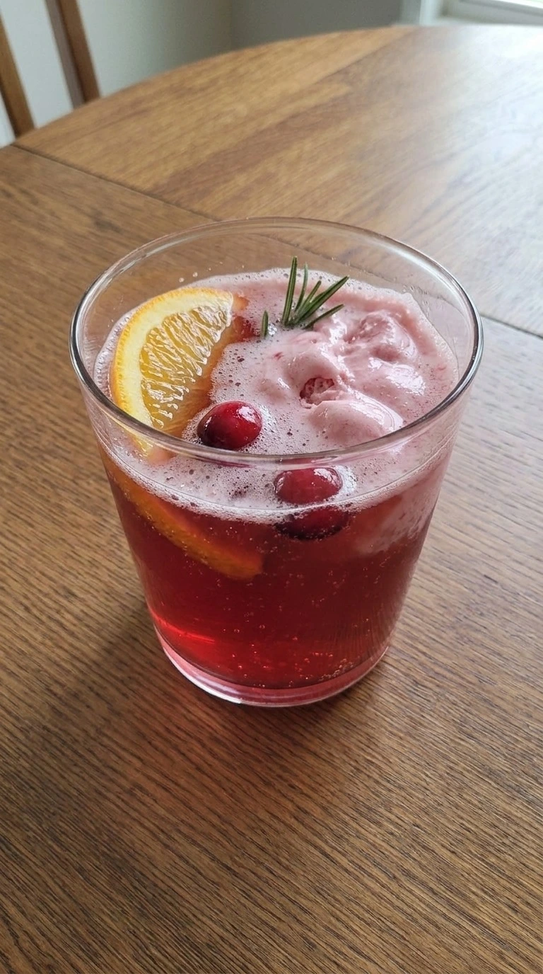 Christmas Sherbet Punch served in a glass with pink sherbet foam, orange garnish and fresh cranberries Recipe focus: christmas punch alcoholic.