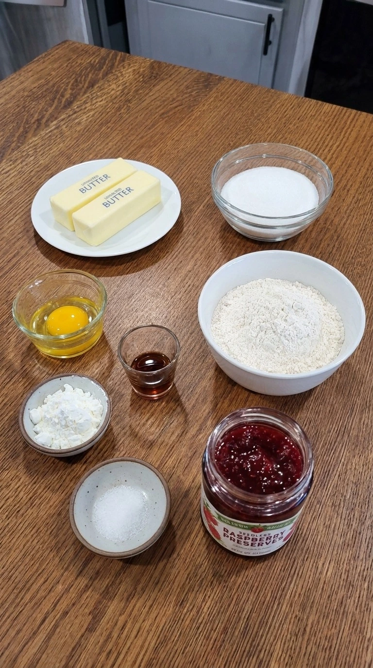 Christmas Thumbprint Cookies ingredients including unsalted butter, flour, sugar, egg yolk, vanilla and raspberry Recipe focus: christmas cookies sugar cookie.