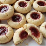 Christmas Thumbprint Cookies with pale golden shortbread edges and glossy raspberry jam centers on a white plate. Recipe focus: christmas cookies.