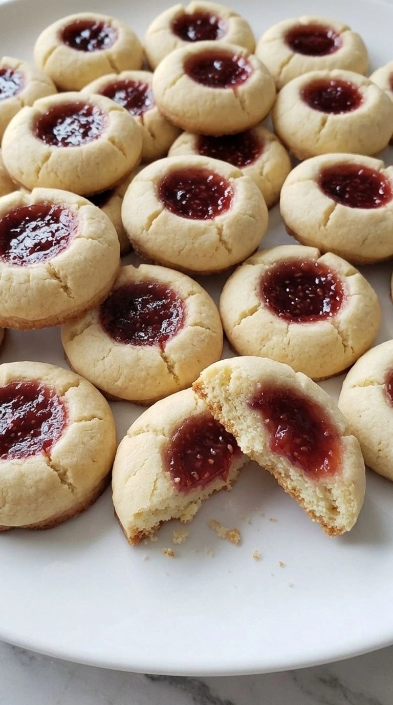 Christmas Thumbprint Cookies with pale golden shortbread edges and glossy raspberry jam centers on a white plate. Recipe focus: christmas cookies.