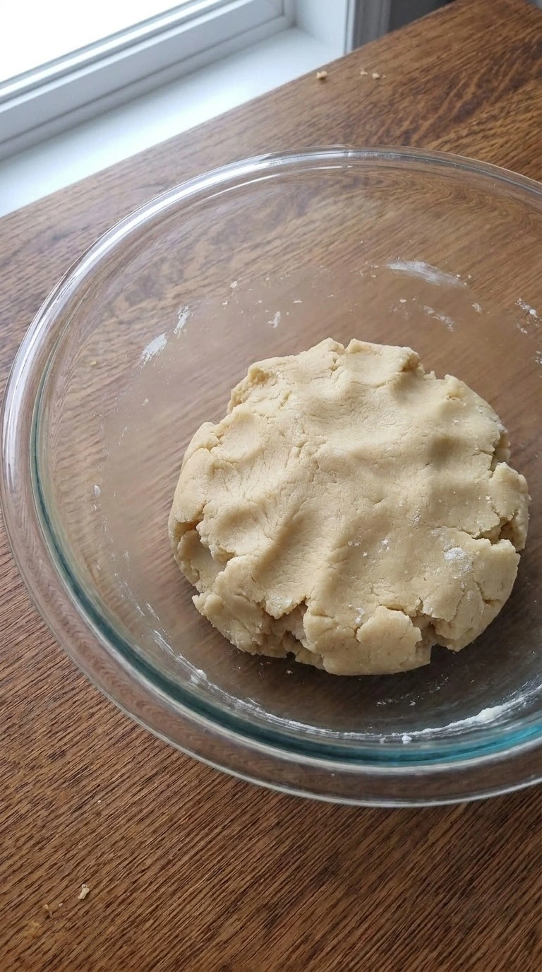 Christmas Thumbprint Cookies dough folded into a soft pale beige mound with lightly crumbly edges. Recipe focus: christmas cookies.