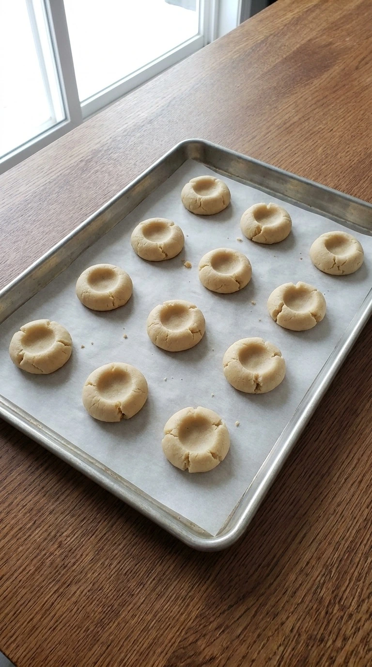 Christmas Thumbprint Cookies shaped into pale dough rounds with shallow thumbprint wells before baking. Recipe focus: easy christmas cookies simple.