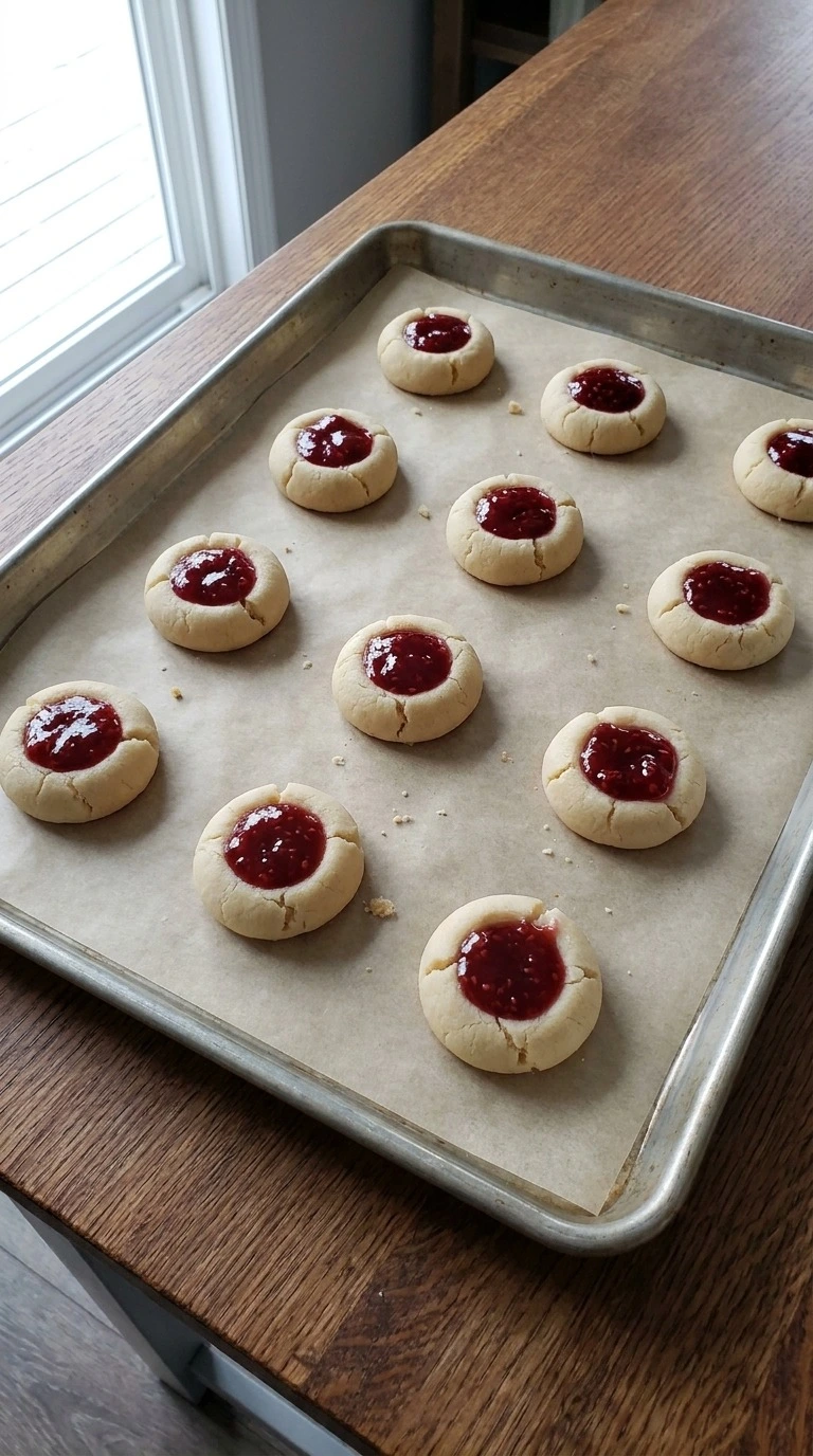 Christmas Thumbprint Cookies filled with glossy ruby red raspberry preserves before baking. Recipe focus: christmas cookies easy.