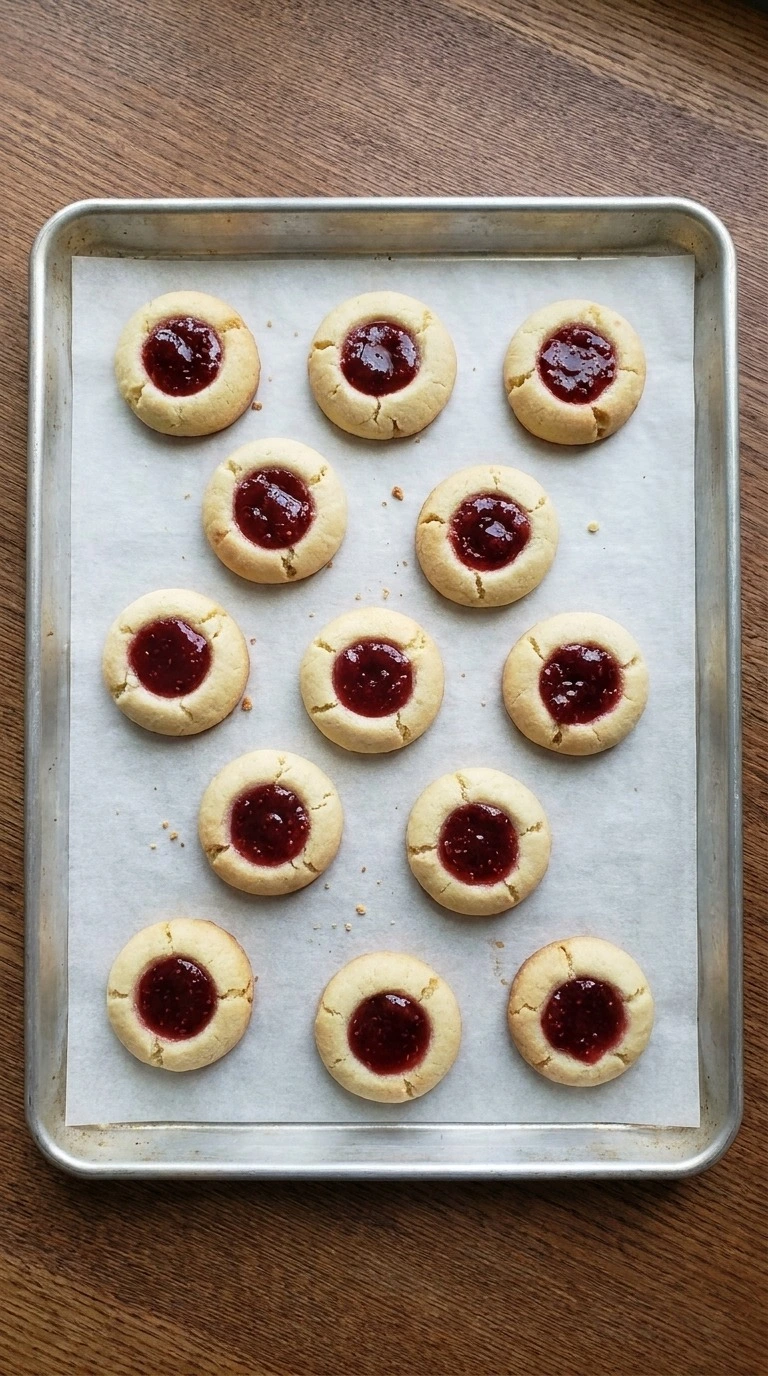 Christmas Thumbprint Cookies baked with lightly golden shortbread edges and glossy raspberry jam centers. Recipe focus: christmas cookies sugar cookie.