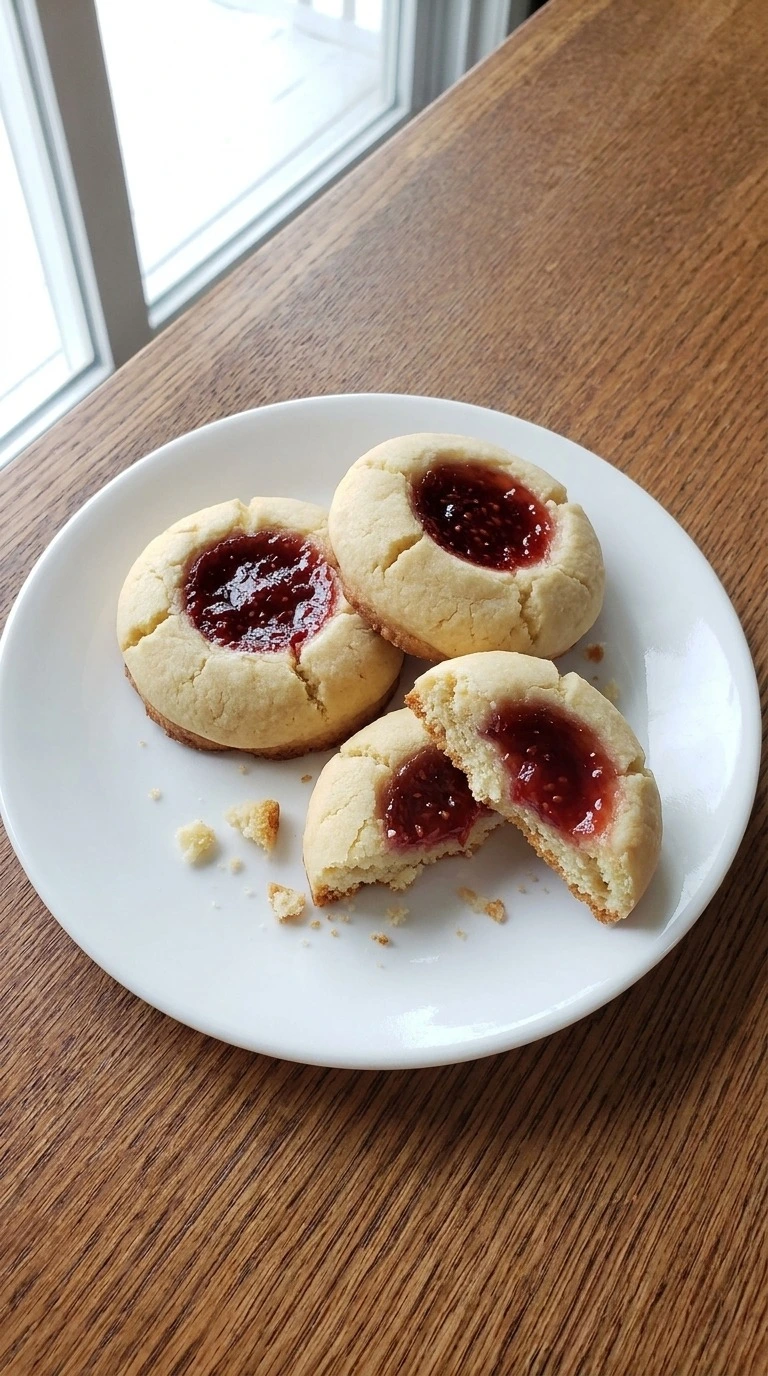 Christmas Thumbprint Cookies served on a white plate with raspberry centers and one broken cookie revealing tender Recipe focus: gluten free christmas cookies.