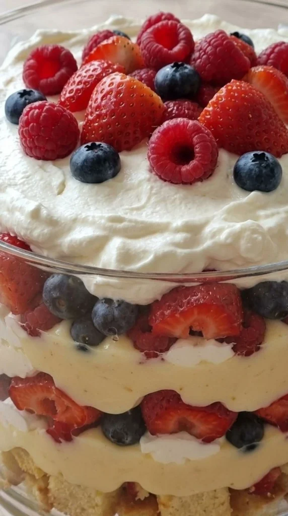 Christmas Trifle layered with vanilla pound cake, custard, strawberries, raspberries and whipped cream in a glass bowl Recipe focus: christmas trifle easy.