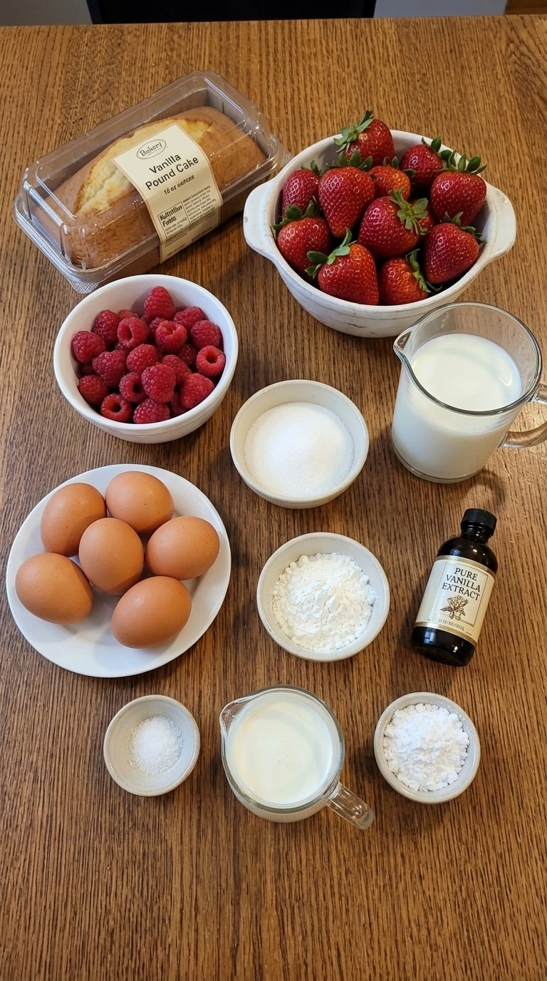 Christmas Trifle ingredients including vanilla pound cake, strawberries, raspberries, milk, eggs, cream and sugar Recipe focus: christmas trifle easy.