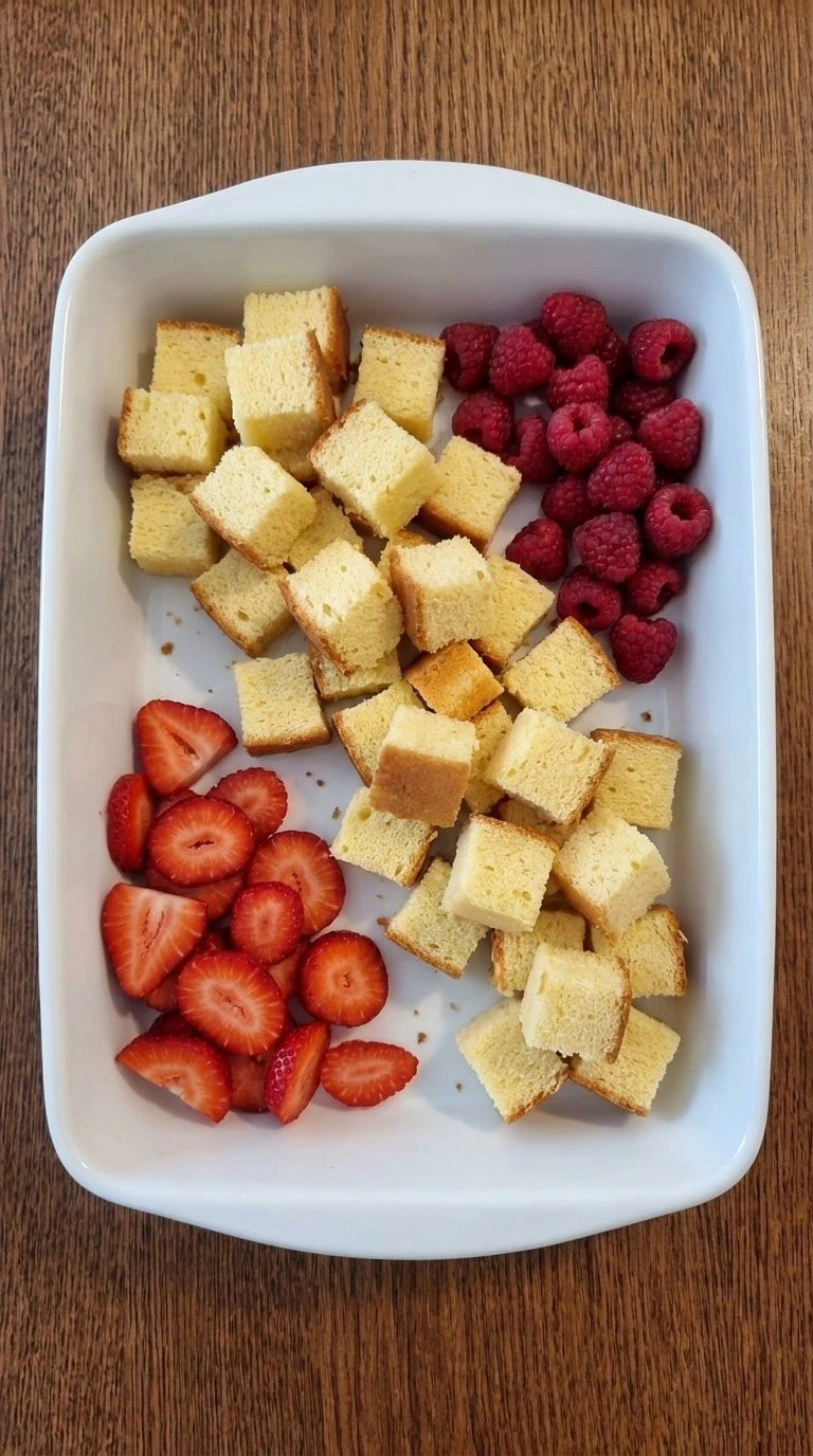 Christmas Trifle preparation with vanilla pound cake cubes, sliced strawberries and whole raspberries Recipe focus: christmas trifle easy.