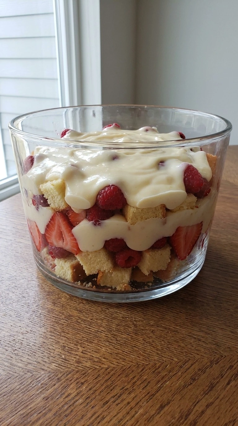 Christmas Trifle assembled with alternating pound cake, strawberry, raspberry and vanilla custard layers Recipe focus: best trifle christmas.