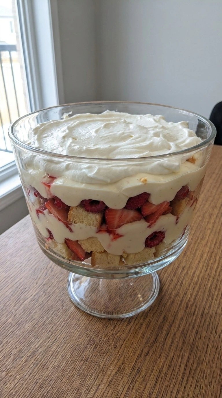 Christmas Trifle layered dessert topped with soft whipped cream before its final fresh berry garnish Recipe focus: christmas trifle easy.