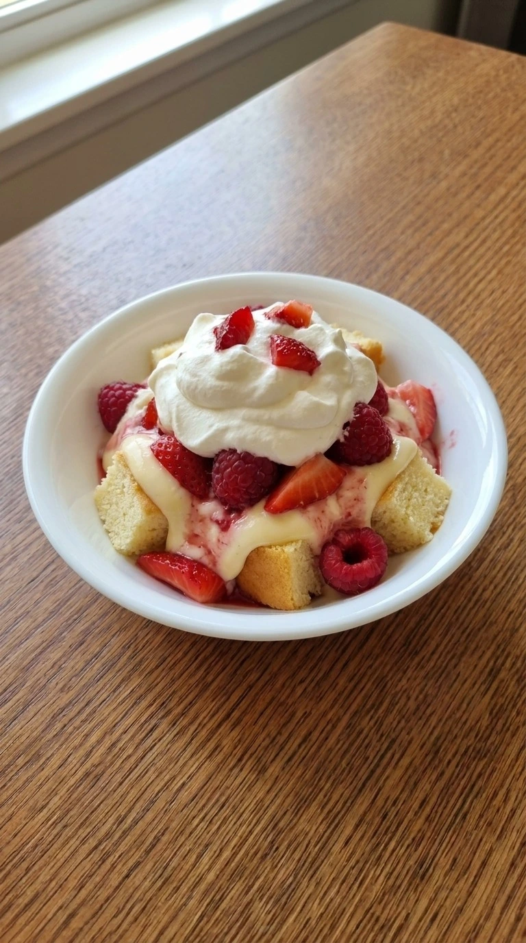 Christmas Trifle individual serving showing soft vanilla cake, custard, red berries and whipped cream Recipe focus: christmas trifle holidays.