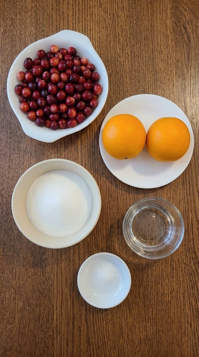 Cranberry Orange Sauce ingredients including fresh cranberries, navel oranges, white sugar, water and kosher Recipe focus: thanksgiving cranberry orange sauce.