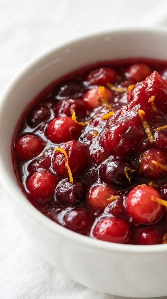 Cranberry Orange Sauce in a white serving bowl with glossy ruby-red berries and fresh orange zest. Recipe focus: easy cranberry orange sauce.