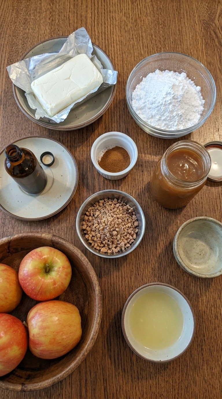 Cream Cheese Caramel Apple Dip ingredients with apples caramel and cream cheese Recipe focus: caramel apple dip recipe.