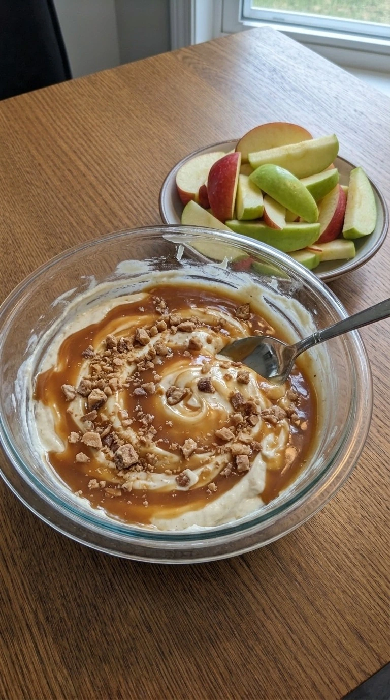 Cream Cheese Caramel Apple Dip layered with caramel sauce and toffee Recipe focus: caramel apple cheesecake dip.