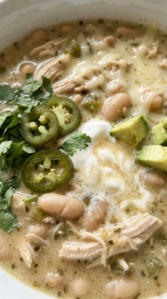 Creamy White Chicken Chili with tender shredded chicken, cannellini beans, green chiles and fresh cilantro. Recipe focus: crockpot white chicken chili.