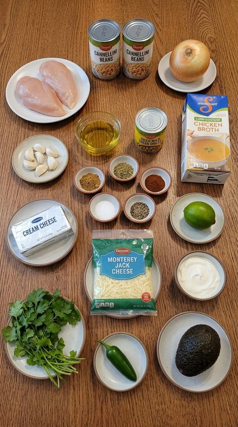 Creamy White Chicken Chili ingredients including chicken breasts, white beans, cream cheese and green chiles. Recipe focus: white chicken chili easy.
