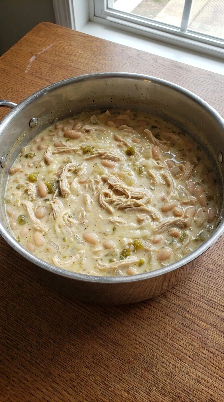 Creamy White Chicken Chili with melted cream cheese and Monterey Jack blended into the thick broth. Recipe focus: easy white chicken chili.