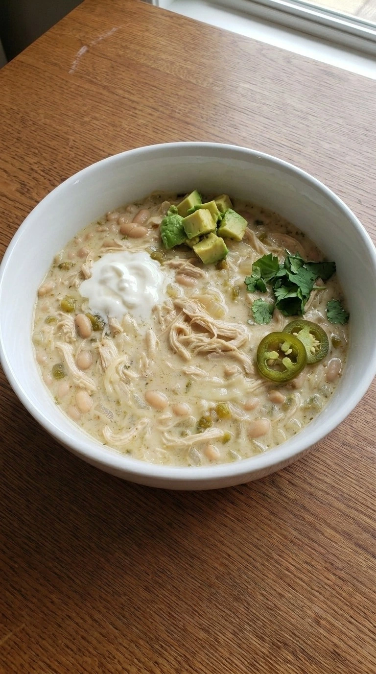 Creamy White Chicken Chili served in a white bowl with avocado, cilantro, sour cream and jalapeño. Recipe focus: white chicken chili easy.
