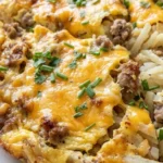 Crockpot Breakfast Casserole with golden eggs sausage and melted cheese layers Recipe focus: breakfast casserole with hashbrowns.