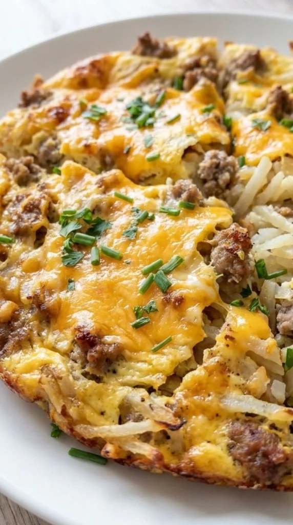 Crockpot Breakfast Casserole with golden eggs sausage and melted cheese layers Recipe focus: breakfast casserole with hashbrowns.