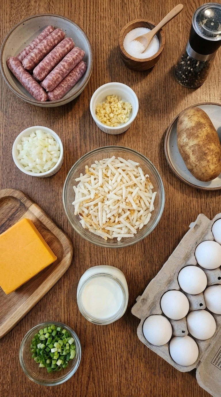 Crockpot Breakfast Casserole ingredients with eggs sausage potatoes and cheese Recipe focus: tater tot breakfast casserole.