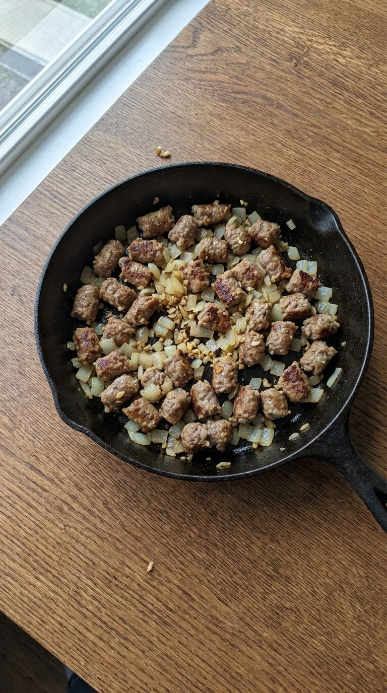 Crockpot Breakfast Casserole sausage and onion browning step Recipe focus: overnight breakfast casserole.