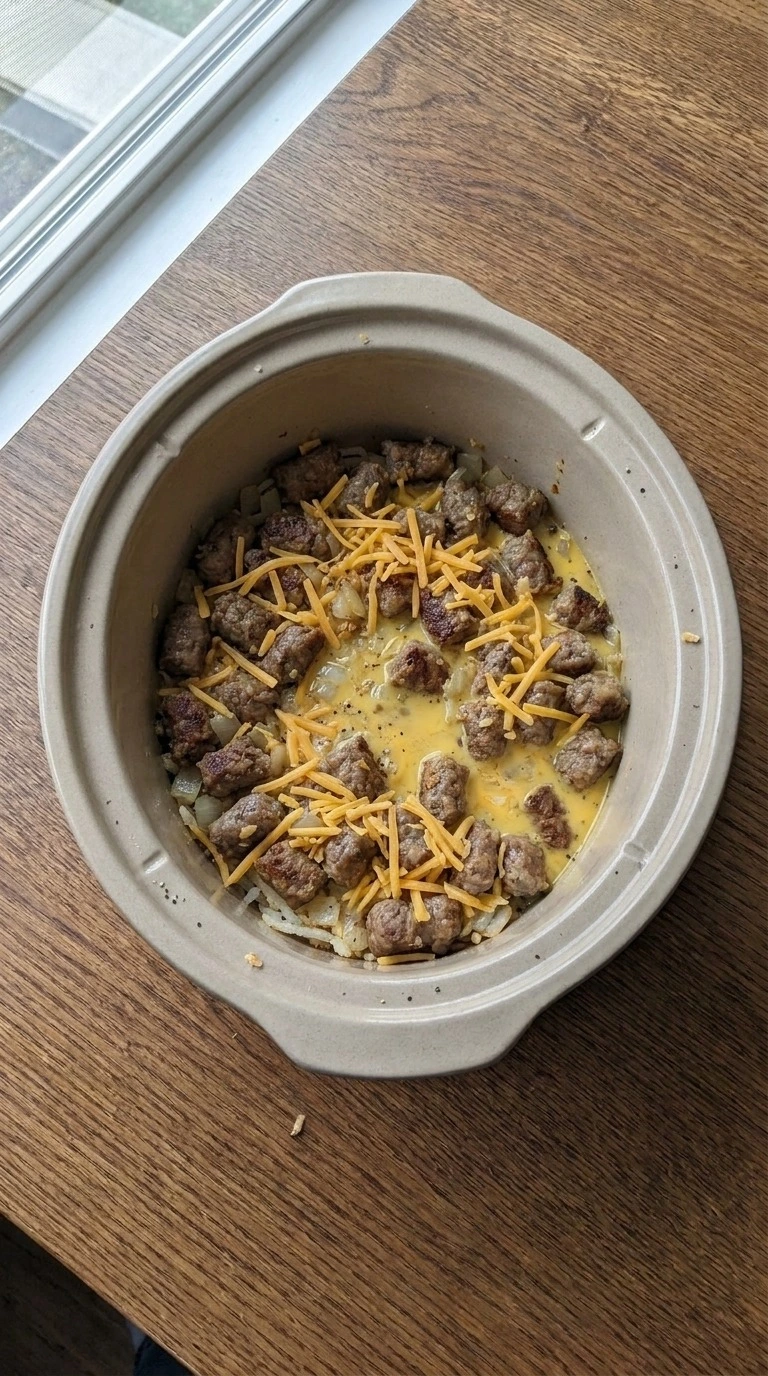 Crockpot Breakfast Casserole hashbrowns sausage and cheese layers Recipe focus: breakfast casserole with hashbrowns.