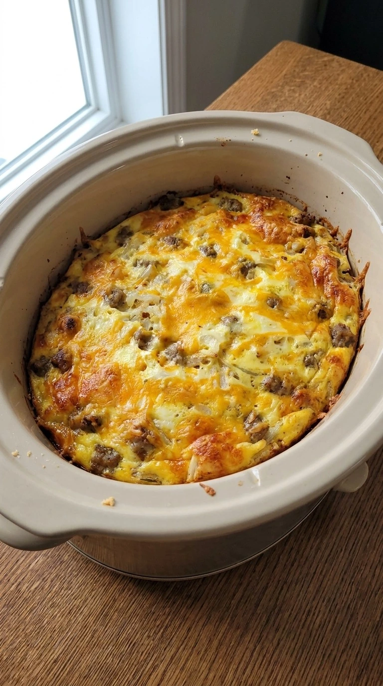 Crockpot Breakfast Casserole slow cooking with set egg layers Recipe focus: breakfast casserole with hashbrowns.