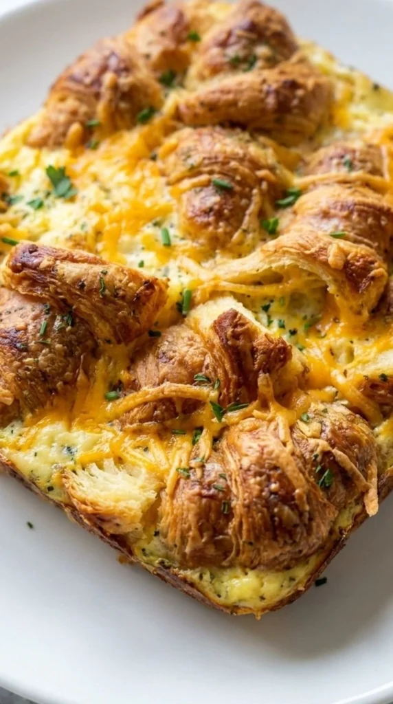 Croissant Breakfast Casserole with golden croissant layers and melted cheese Recipe focus: breakfast casserole with Recipe focus: easy breakfast casserole.