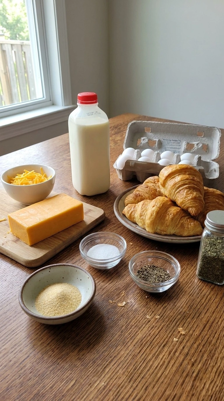 Croissant Breakfast Casserole ingredients with croissants eggs cheese and seasonings Recipe focus: tater tot Recipe focus: hashbrown breakfast casserole.