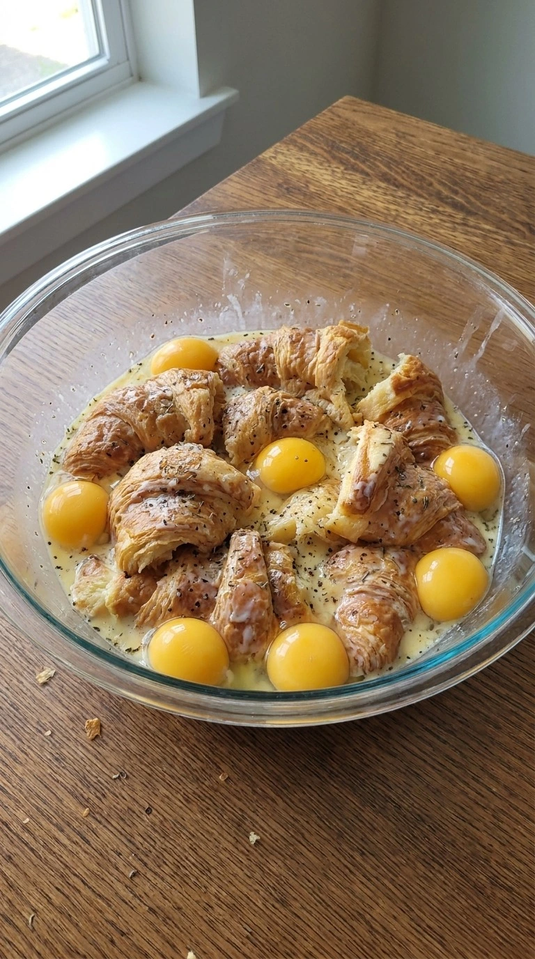 Croissant Breakfast Casserole croissant pieces soaking in egg mixture Recipe focus: overnight breakfast Recipe focus: breakfast casserole with hashbrowns.