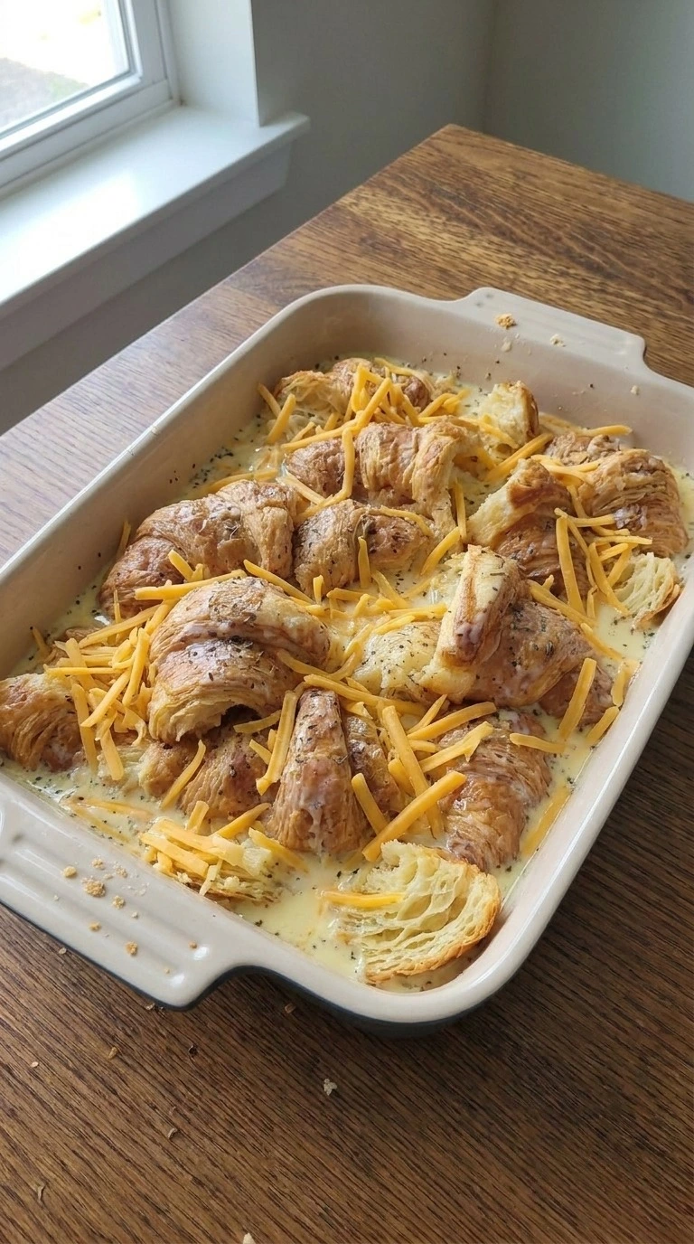 Croissant Breakfast Casserole layered croissants with shredded sharp cheddar cheese Recipe focus: breakfast casserole Recipe focus: easy breakfast casserole.
