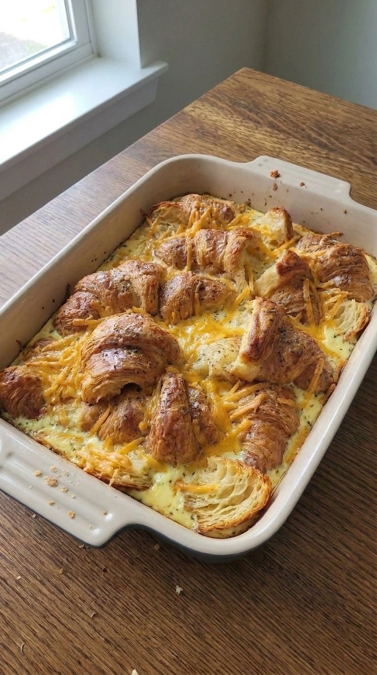 Croissant Breakfast Casserole baking with golden croissant edges and melted cheese Recipe focus: breakfast casserole Recipe focus: easy breakfast casserole.