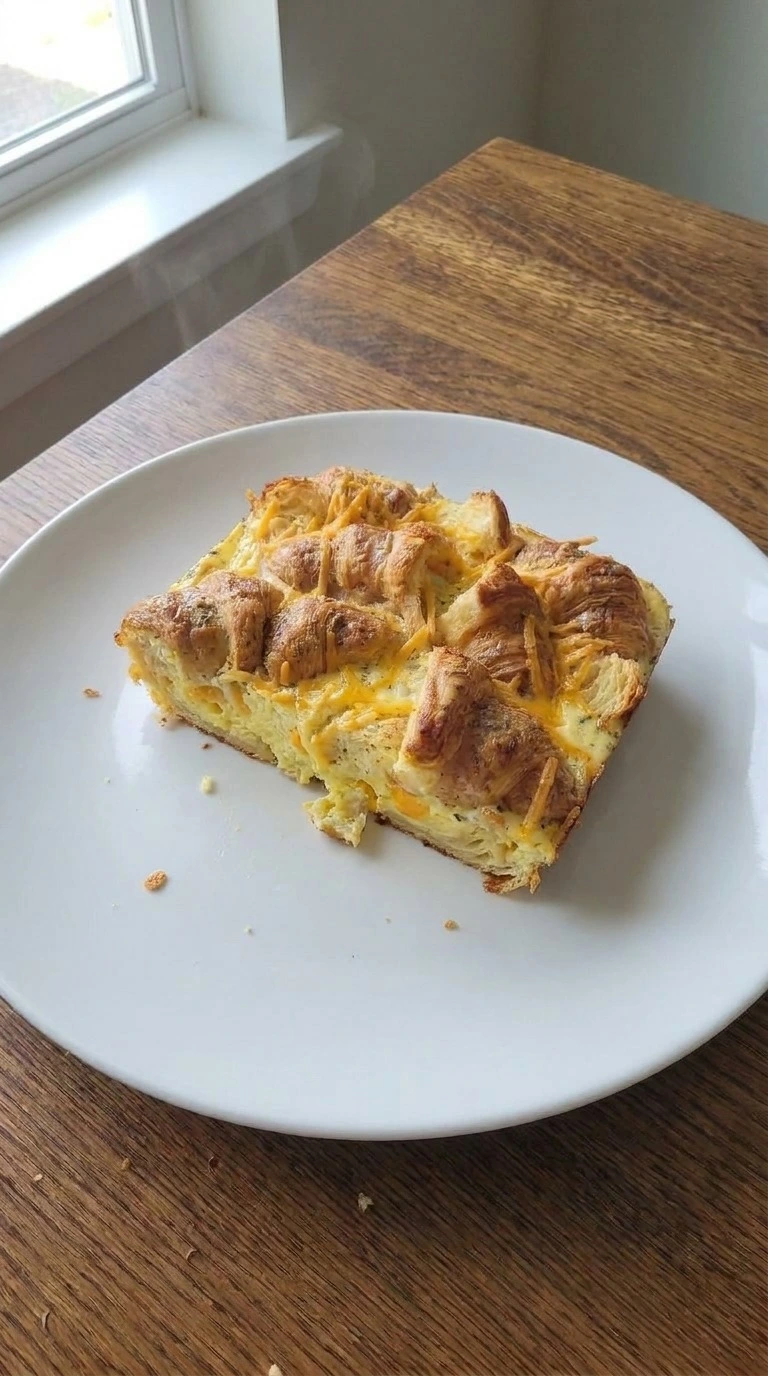 Croissant Breakfast Casserole slice showing soft layers on a white plate Recipe focus: easy breakfast casserole. Recipe focus: tater tot breakfast casserole.
