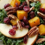 Fall Harvest Salad with roasted squash kale apples and pecans on a serving plate Recipe focus: fall salad.