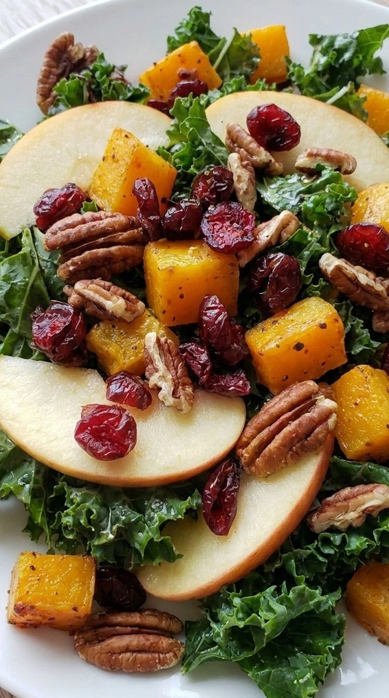 Fall Harvest Salad with roasted squash kale apples and pecans on a serving plate Recipe focus: fall salad.