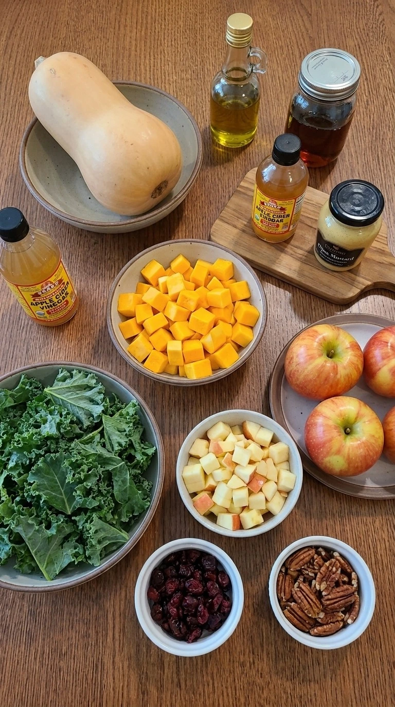 Fall Harvest Salad ingredients with squash kale apples pecans and dressing components Recipe focus: fall quinoa salad.