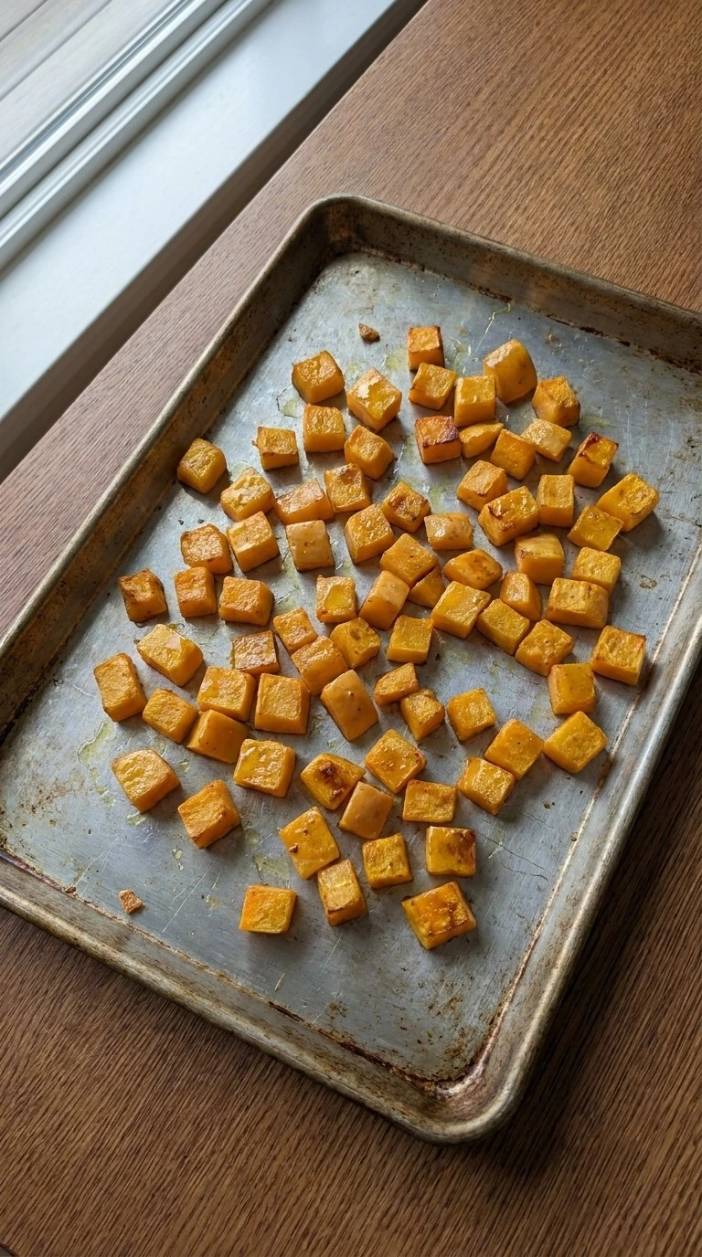 Fall Harvest Salad roasted butternut squash cubes with golden edges in preparation Recipe focus: fall harvest pasta salad.