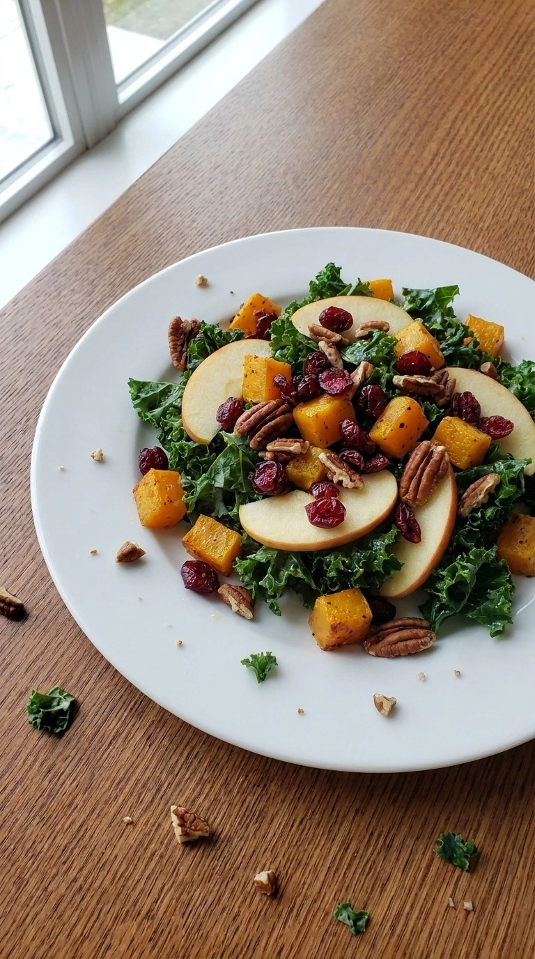Fall Harvest Salad plated portion with squash kale apples and crunchy pecans Recipe focus: fall kale salad.
