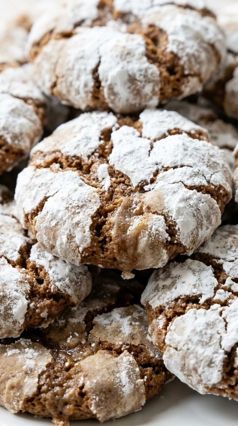 Gingerbread Crinkle Cookies with cracked powdered sugar tops and soft centers on a plate Recipe focus: gluten free Recipe focus: gingerbread cookies.