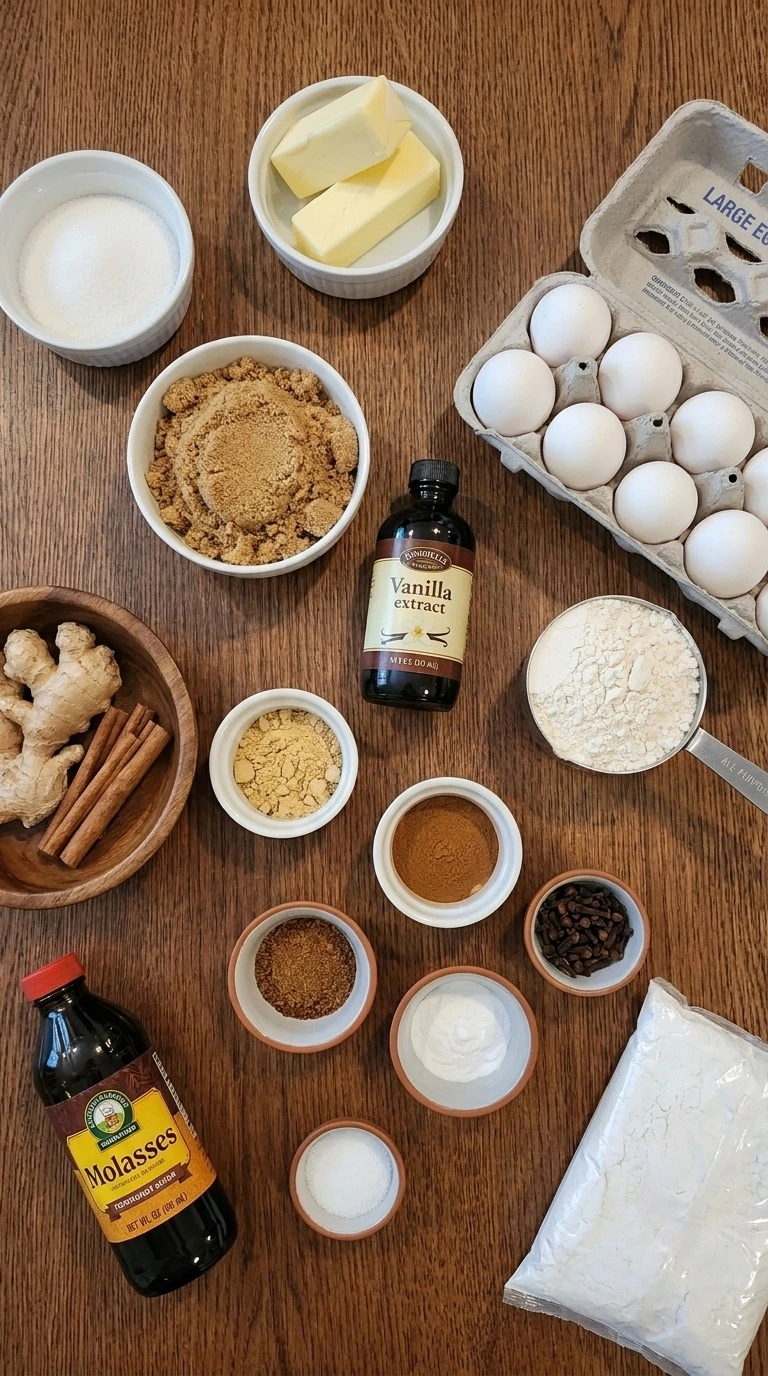 Gingerbread Crinkle Cookies ingredients including flour spices molasses and butter Recipe focus: soft gingerbread Recipe focus: easy gingerbread cookies.