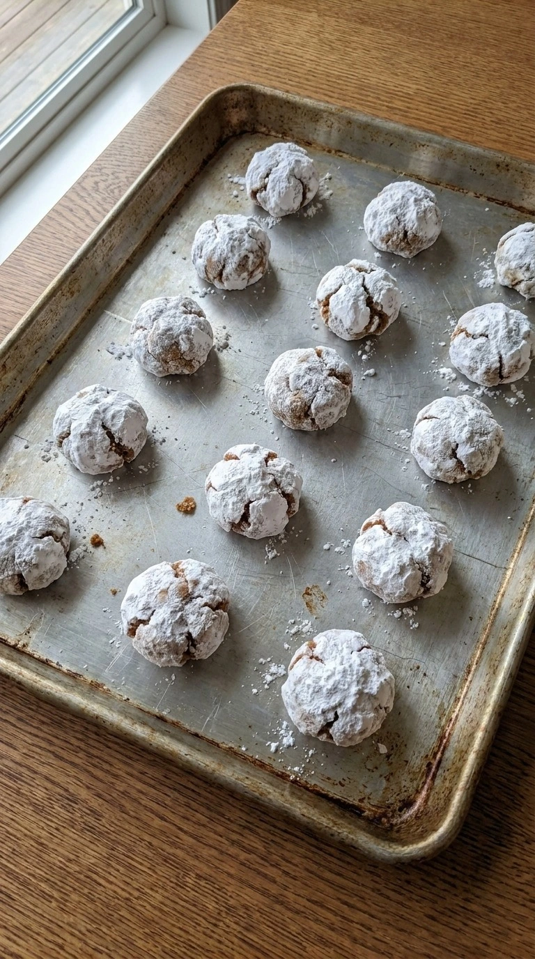Gingerbread Crinkle Cookies dough balls coated with powdered sugar before baking Recipe focus: gingerbread cookies. Recipe focus: gingerbread cookies decorated.
